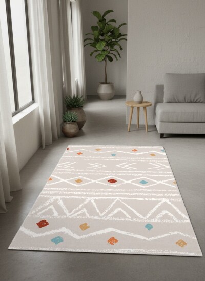 Boho Mud Cloth Tribal Desenli Dekoratif Salon Halısı – Bej Beyaz Renkli Aksan