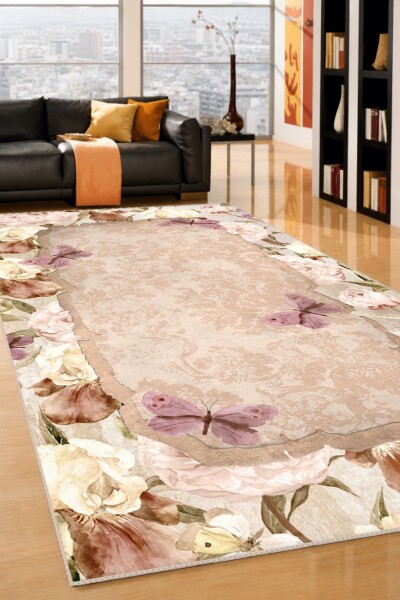 Şakayık Iris Çerçeveli Kelebek Damask Halı