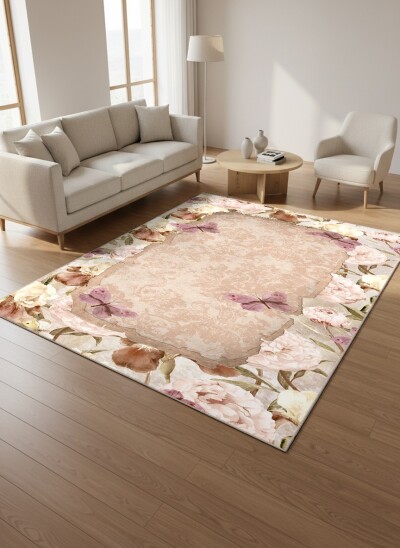 Şakayık Iris Çerçeveli Kelebek Damask Halı