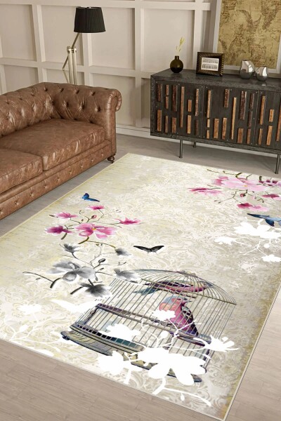 Krem Damask Zemin Pembe Manolya Mavi Kuş Kafes Chinoiserie Halı