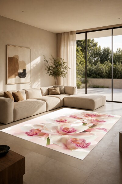 Beyaz Zemin Pembe Cymbidium Orkide Yakın Çekim Fotoğraf Halı