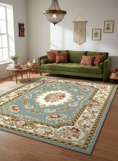 Fransız Aubusson Mavi Çiçek Madalyon Halı