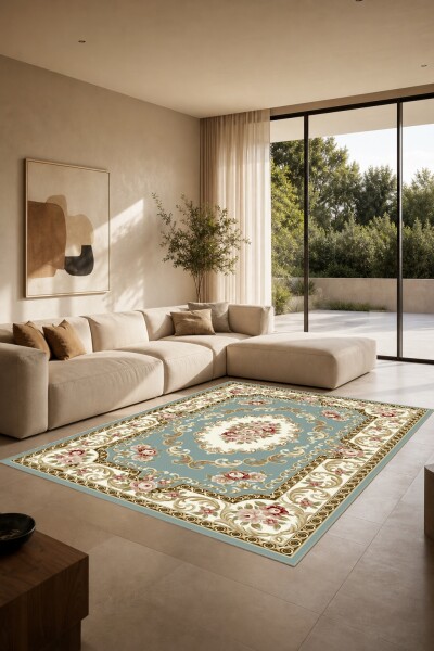 Fransız Aubusson Mavi Çiçek Madalyon Halı