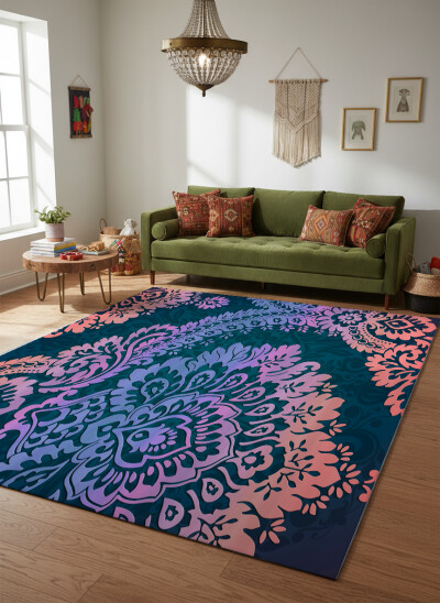 Teal Zemin Renkli Damask Boho Dekoratif Halı