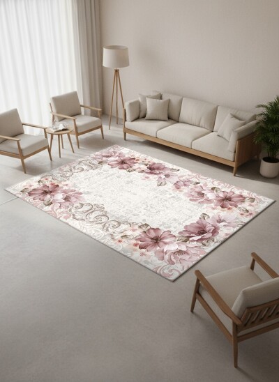 Büyük Çiçek Bordür Romantik Dekoratif Halı