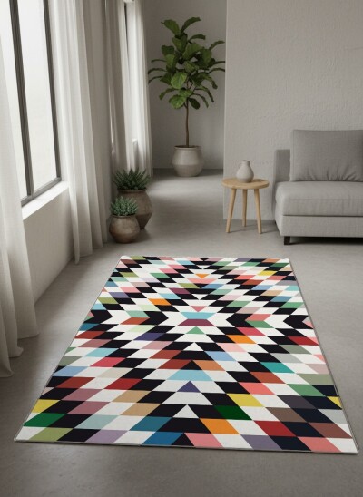 Simetrik Çok Renkli Geometrik Dekoratif Halı