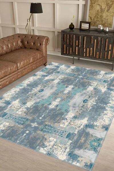 Teal Gri Soyut Simetrik Vintage Halı
