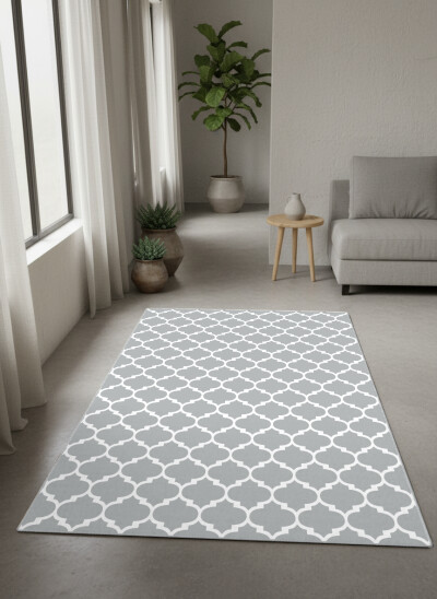 Gri Beyaz Fas Kafes Quatrefoil Halı