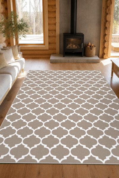 Taupe Vizon Fas Kafes Quatrefoil Halı