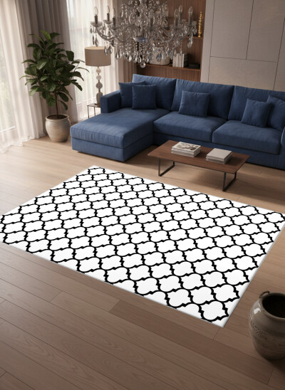 Siyah Beyaz Fas Kafes Quatrefoil Halı