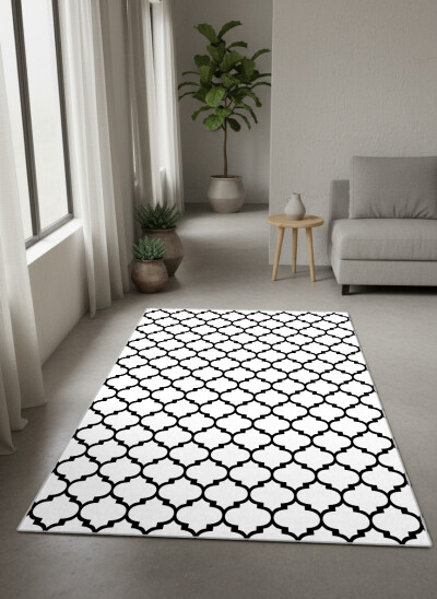 Siyah Beyaz Fas Kafes Quatrefoil Halı