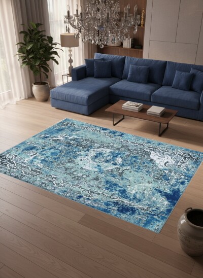 Lacivert Mavi Vintage Distressed Madalyon Halı