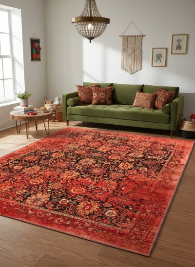 Kırmızı Bordo Vintage Pers Çiçek Yüzey Halı