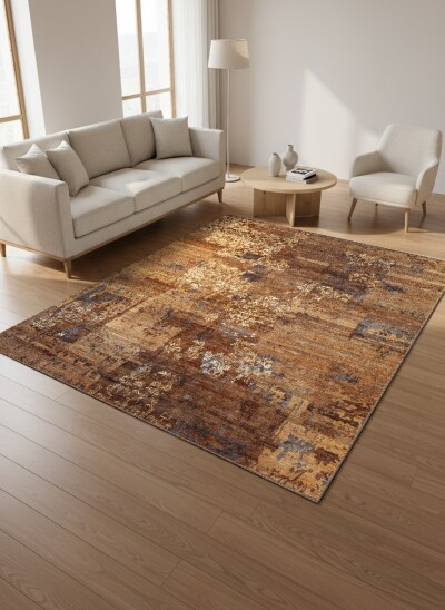 Kahverengi Altın Damask Eskitme Halı