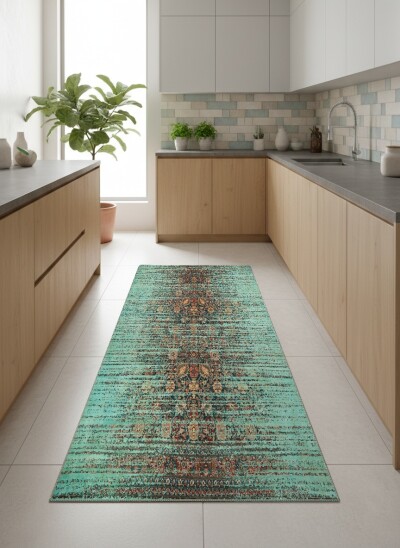 Turkuaz Vintage Distressed Dikey Arabesk Halı