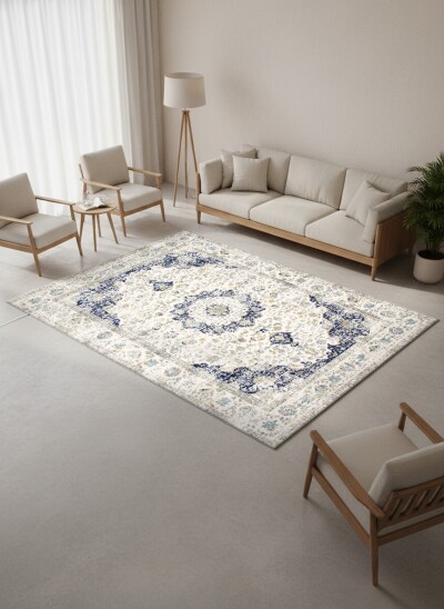 Krem Lacivert Vintage Distressed Pers Madalyon Halı