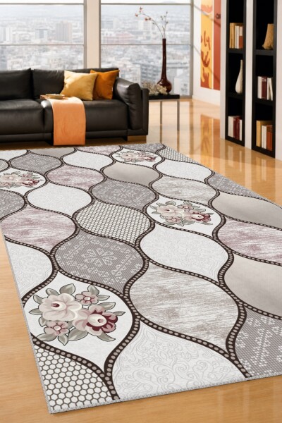 Gri Mor Fas Ogee Çiçek Patchwork Halı