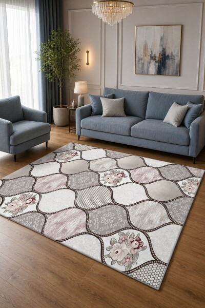 Gri Mor Fas Ogee Çiçek Patchwork Halı