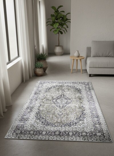 Gri Krem Vintage Pers Geometrik Madalyon Halı