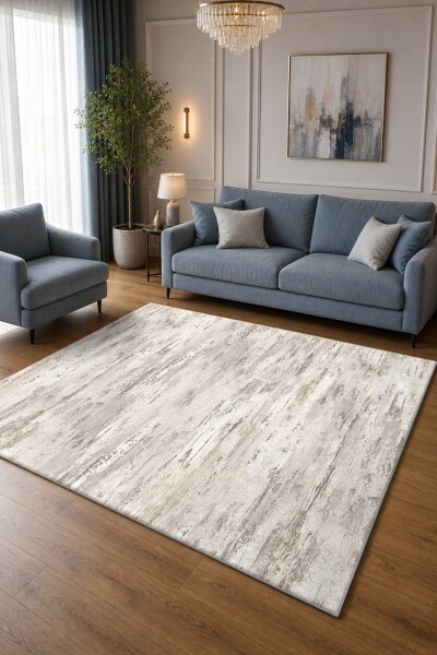 Krem Beyaz Eskitme Soyut Fırça İzli Minimal Sade Halı
