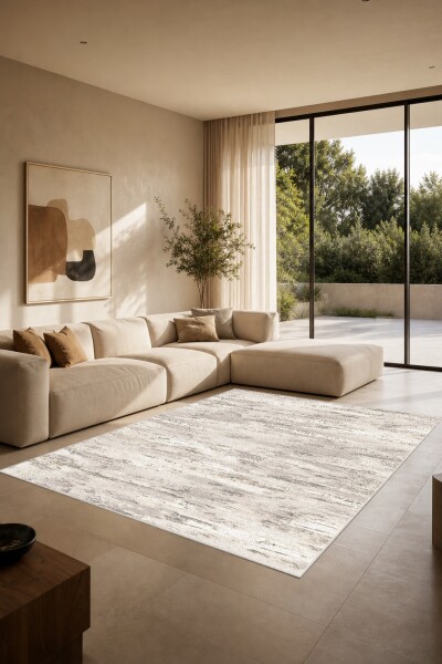 Krem Beyaz Eskitme Soyut Fırça İzli Minimal Sade Halı
