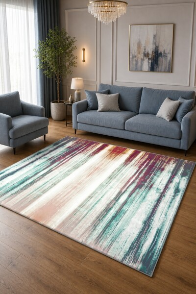 Teal Bordo Beyaz Soyut Dikey Çizgi İkat Fırça Tarzı Halı
