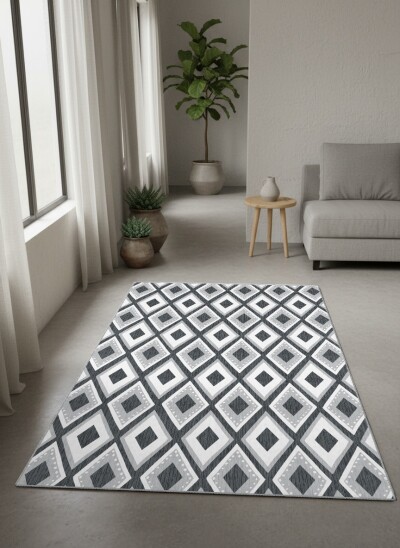 Antrasit Gri Beyaz Elmas Baklava Geometrik Modern Halı