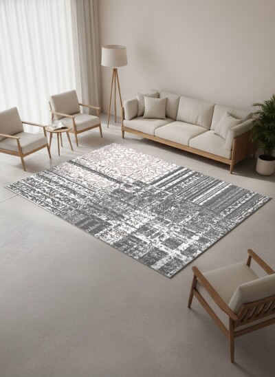 Gri Bej Zemin Eskitme Karma Desen Kare Blok Patchwork Halı