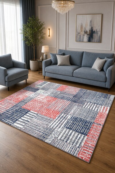 Krem Zemin Lacivert Kırmızı Beyaz El Fırçası Kafes Izgara Patchwork Halı