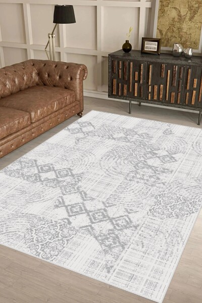 Açık Gri Beyaz Ton Geometrik Damask İkat Kare Blok Patchwork Halı