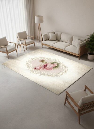 Shabby Chic Gül Oval Madalyon Dekoratif Halı