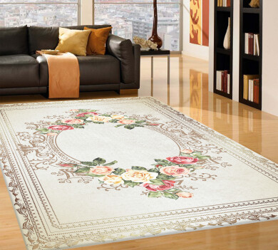 Gül Çelenk Oval Çerçeve Dekoratif Halı