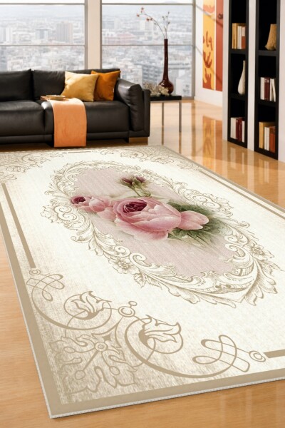 Shabby Chic Pembe Gül Oval Çerçeve Halı