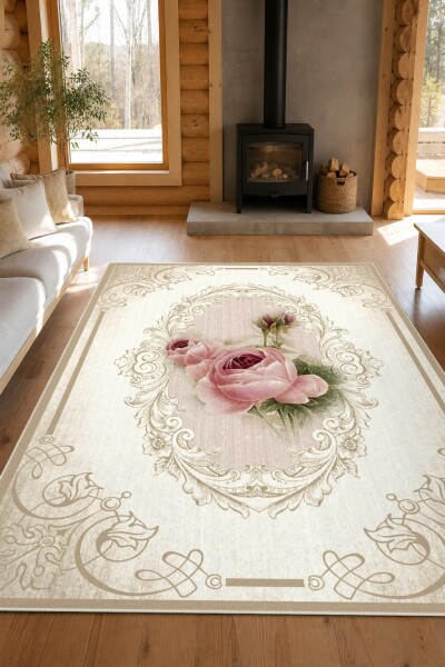 Shabby Chic Pembe Gül Oval Çerçeve Halı
