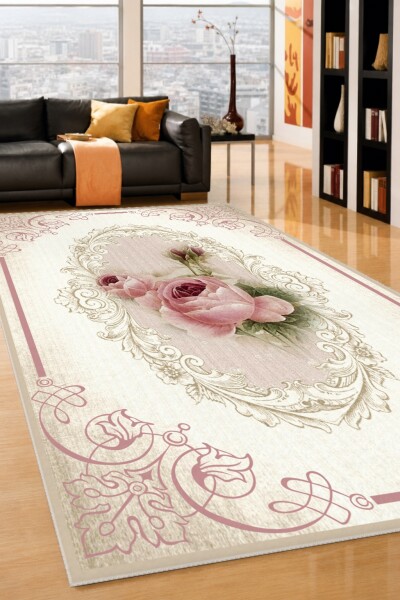 Pembe Bordürlü Gül Oval Çerçeve Halı