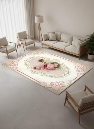 Pembe Bordürlü Gül Oval Çerçeve Halı