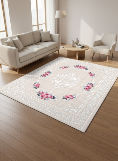Bej Keten Beyaz Arabesk Oval Gül Çerçeve Halı