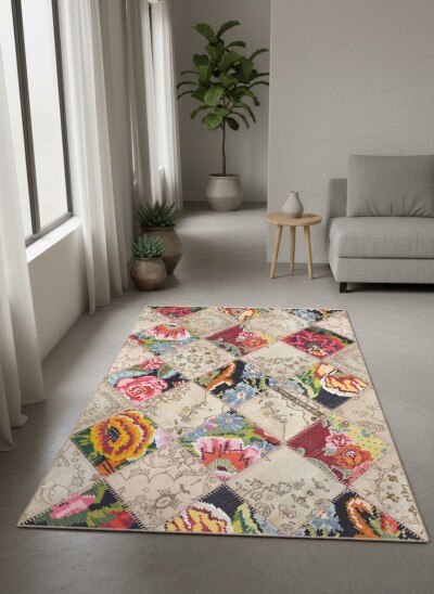 Krem Zemin Renkli Çiçek Kilim Patchwork Halı