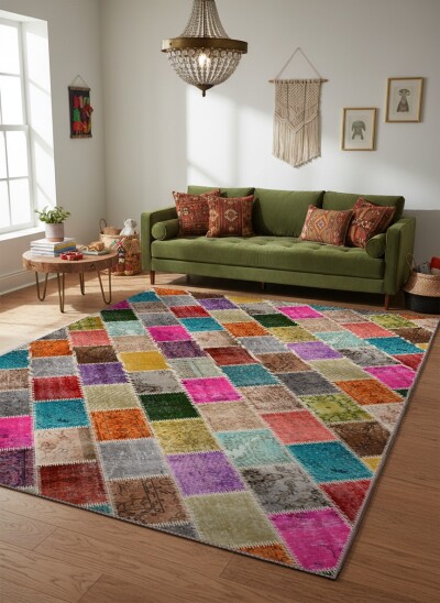 Çok Renkli Vintage Patchwork Eskitme Halı