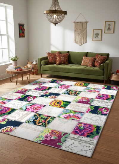 Beyaz Krem Zemin Canlı Renkli Büyük Çiçek Patchwork Halı