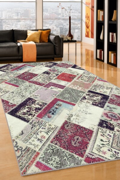 Köşegen Çok Renkli Pers Motifli Eskitme Patchwork Halı