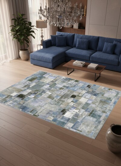Mavi Gri Bej Antrasit Modern Soyut Blok Patchwork Halı