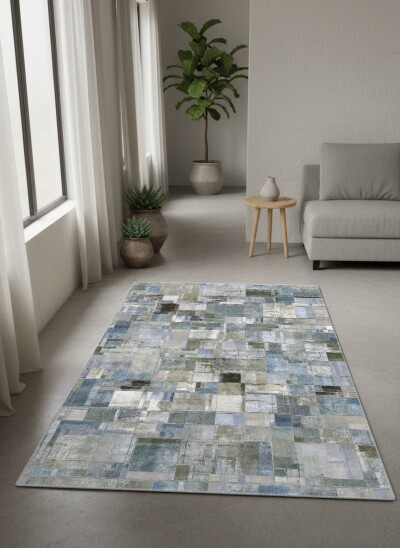 Mavi Gri Bej Antrasit Modern Soyut Blok Patchwork Halı
