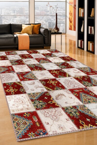 Kırmızı Krem Dama Tahtası Kazak Geometrik Çiçek Patchwork Halı