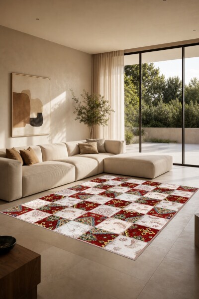 Kırmızı Krem Dama Tahtası Kazak Geometrik Çiçek Patchwork Halı