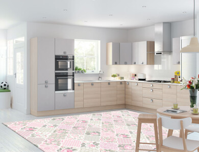 Çiçekli Patchwork Dekoratif Mutfak Halısı – Pembe Gri Fener Ogee Gül Puantiye Shabby Chic Narin