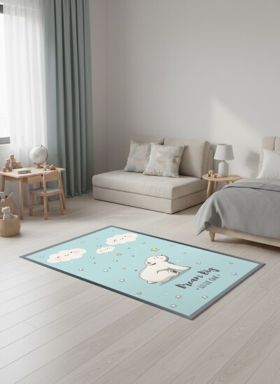 Çocuk Odası Halısı Dream Big Little One Desenli – Kutup Ayısı Gülen Bulut Temalı Antibakteriyel Oyun Halısı