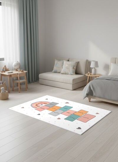 Çocuk Odası Halısı Seksek Gökkuşağı Boho Oyun Alanı – Suluboya Gökkuşağı Temalı Antibakteriyel Oyun Halısı
