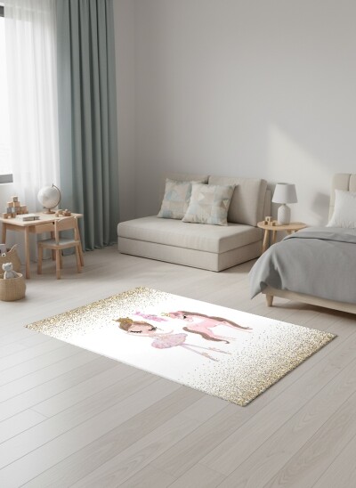 Çocuk Odası Halısı Balerin ve Unicorn Taçlı – Balerin ve Unicorn Temalı Antibakteriyel Oyun Halısı