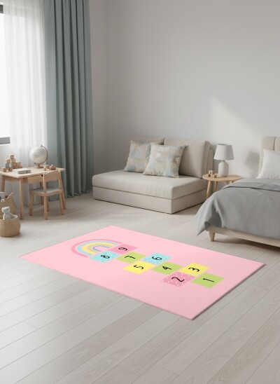 Çocuk Odası Halısı Seksek Oyun Alanı Pembe – Sayılı Pastel Tonlu Eğitici Antibakteriyel Oyun Halısı